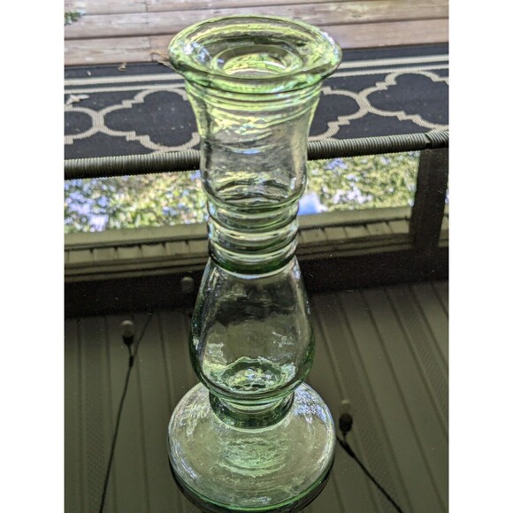 Antique Look Glass Candlestick/Bud Vase Green Tinted Thick 8" Farmhouse Cottage - Picture 3 of 12